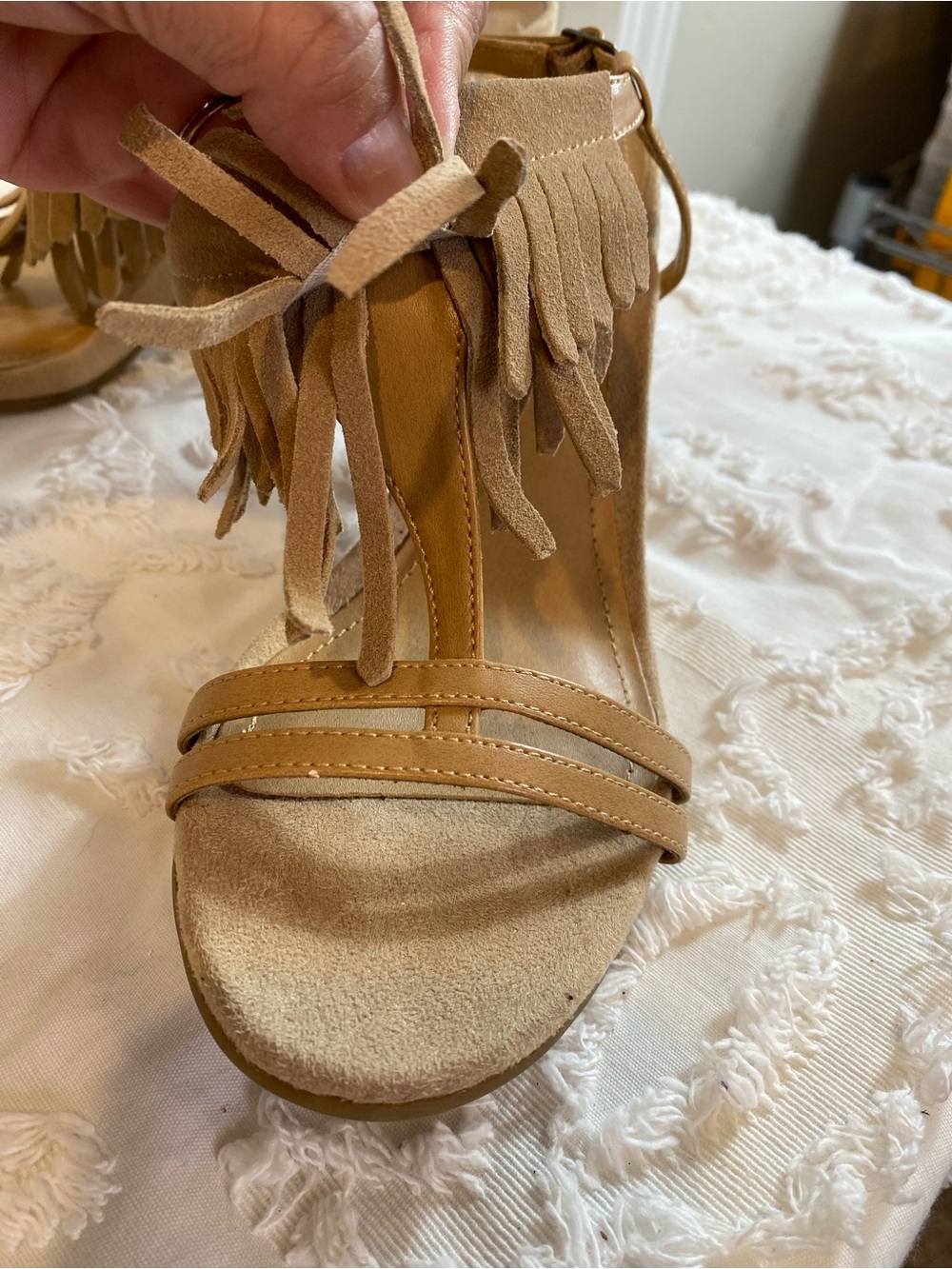 Kenneth Cole Reaction Tan Fringe Suede Open-Toe Heels - Picture 8 of 11
